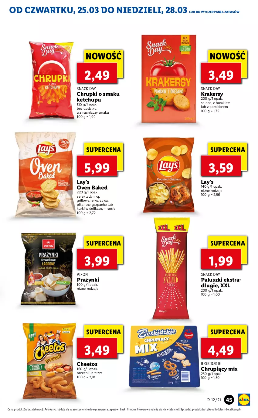 Gazetka promocyjna Lidl - GAZETKA - ważna 25.03 do 28.03.2021 - strona 45 - produkty: Beskidzki, Buraki, Cheetos, Chrupki, Grill, Ketchup, Krakersy, Lay’s, Pizza, Ser, Serek, Sos, Warzywa