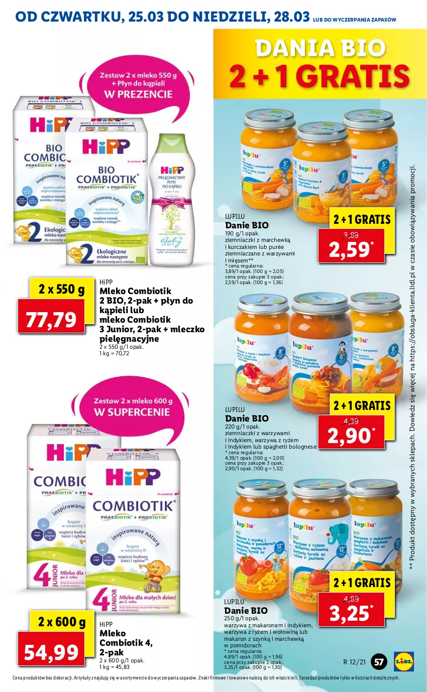 Gazetka promocyjna Lidl - GAZETKA - ważna 25.03 do 28.03.2021 - strona 57 - produkty: Gra, HiPP, Kurczak, Makaron, Mleczko, Mleko, Płyn do kąpieli, Pur, Ryż, Spaghetti, Warzywa