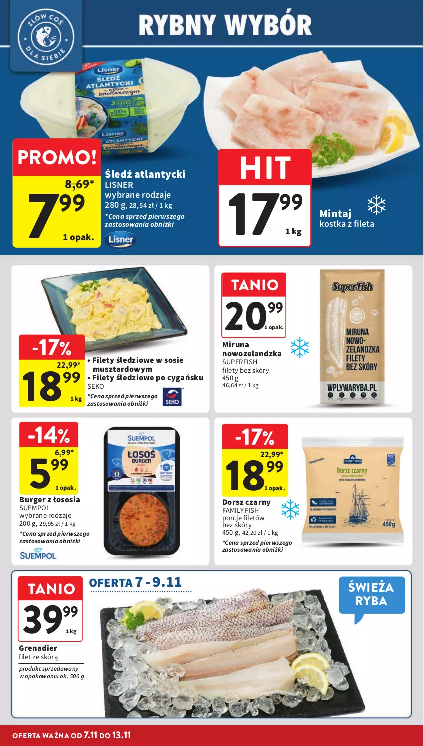 Gazetka promocyjna Intermarche - ważna 07.11 do 13.11.2024 - strona 16 - produkty: Burger, Dorsz, Fa, Grenadier, Lisner, Mintaj, Miruna, Mus, Por, Ryba, SEKO, Sos, Suempol