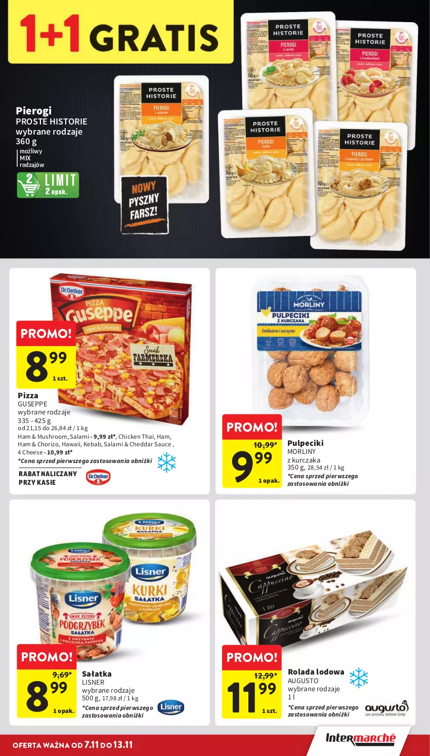 Gazetka promocyjna Intermarche - ważna 07.11 do 13.11.2024 - strona 17 - produkty: Cheddar, Kebab, Kurczak, Lisner, Morliny, Mus, Pierogi, Pizza, Rolada, Salami, Sałat, Sałatka