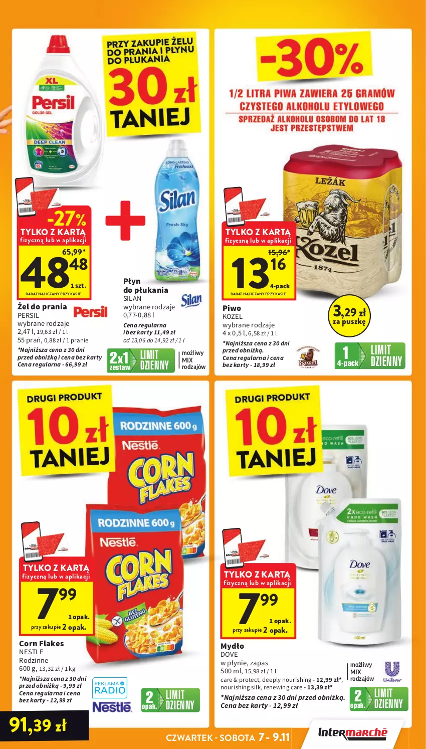 Gazetka promocyjna Intermarche - ważna 07.11 do 13.11.2024 - strona 3 - produkty: Corn flakes, Dove, Kozel, Mydło, Persil, Piwo, Płyn do płukania, Silan