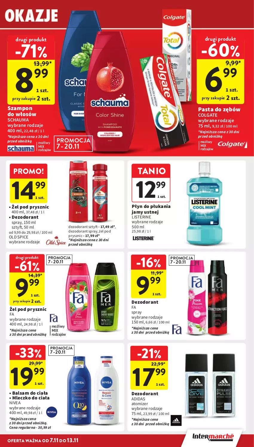 Gazetka promocyjna Intermarche - ważna 07.11 do 13.11.2024 - strona 33 - produkty: Adidas, Balsam do ciała, Colgate, Dezodorant, Fa, LG, Listerine, Mleczko, Mleczko do ciała, Nivea, Old Spice, Pasta do zębów, Płyn do płukania, Płyn do płukania jamy ustnej, Schauma, Szampon