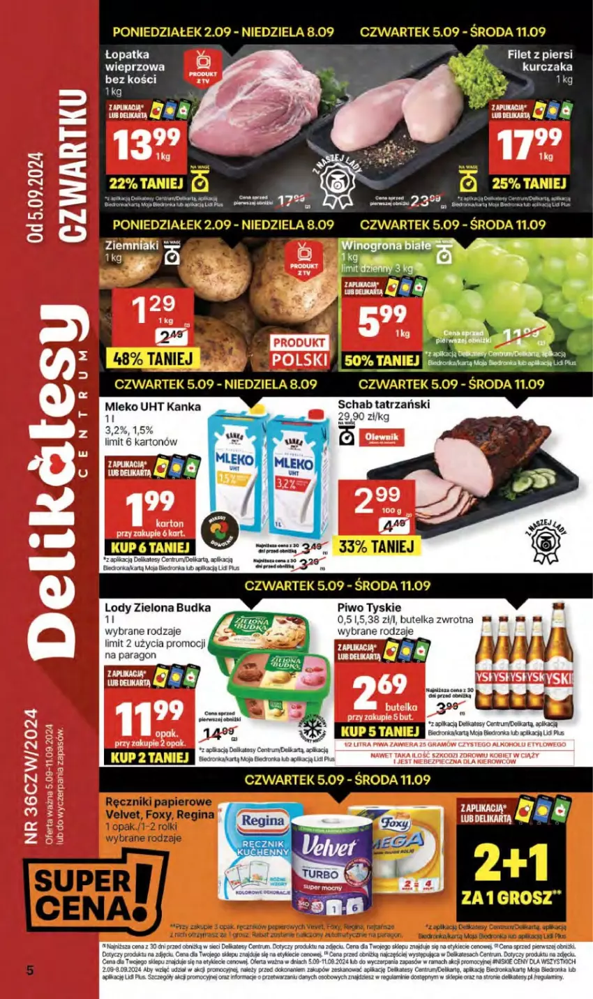 Gazetka promocyjna Delikatesy Centrum - NOWA GAZETKA Delikatesy Centrum od 5 września! 5-11.09.2024 - ważna 05.09 do 11.09.2024 - strona 5 - produkty: Gra, JBL, Kurczak, Lody, Mleko, Olewnik, Orka, Piec, Piwa, Piwo, Rama, Rum, Tyskie, Wino, Winogrona, Zielona Budka