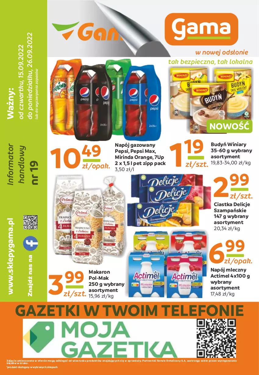 Gazetka promocyjna Gama - Gazetka Gama - ważna 26.09.2022 do 15.09.2023 - strona 12 - produkty: 7up, Actimel, Budyń, Ciastka, Delicje, Makaron, Mirinda, Napój, Napój gazowany, Napój mleczny, Pepsi, Pepsi max, Piec, Ser, Telefon, Winiary