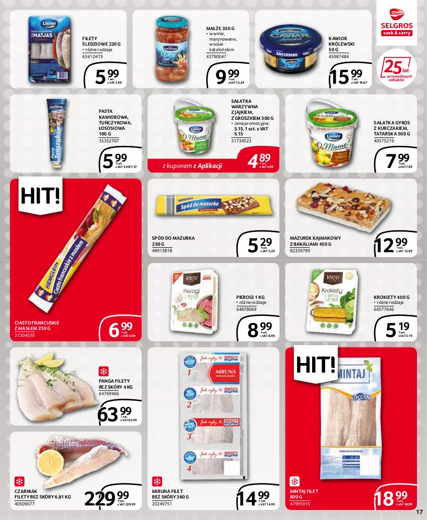 Gazetka promocyjna Selgros - Extra Oferta - ważna 01.04 do 30.04.2022 - strona 17 - produkty: Ciasto francuskie, Gyros, Kawior, Krokiety, Królewski, Kurczak, Małże, Mintaj, Miruna, Panga, Pierogi, Sałat, Sałatka, Sałatka warzywna, Sos, Tuńczyk