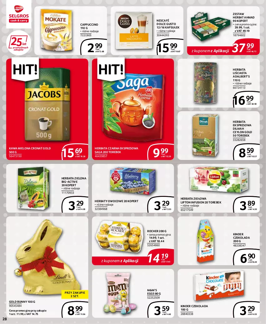 Gazetka promocyjna Selgros - Extra Oferta - ważna 01.04 do 30.04.2022 - strona 28 - produkty: Cappuccino, Czekolada, Dilmah, Dolce Gusto, Fusion, Herbata, Herbata czarna, Kawa, Kawa mielona, Kinder, Lipton, Nescafé, Saga