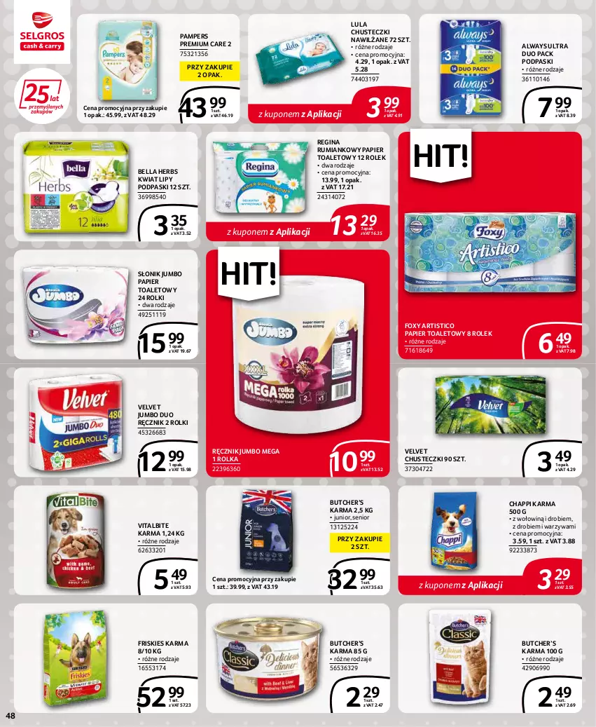 Gazetka promocyjna Selgros - Extra Oferta - ważna 01.04 do 30.04.2022 - strona 48 - produkty: Always, Always Ultra, Bell, Bella, Chappi, Chusteczki, Foxy, Friskies, Gin, Pampers, Papier, Papier toaletowy, Podpaski, Ręcznik, Rolki, Rum, Velvet, Warzywa