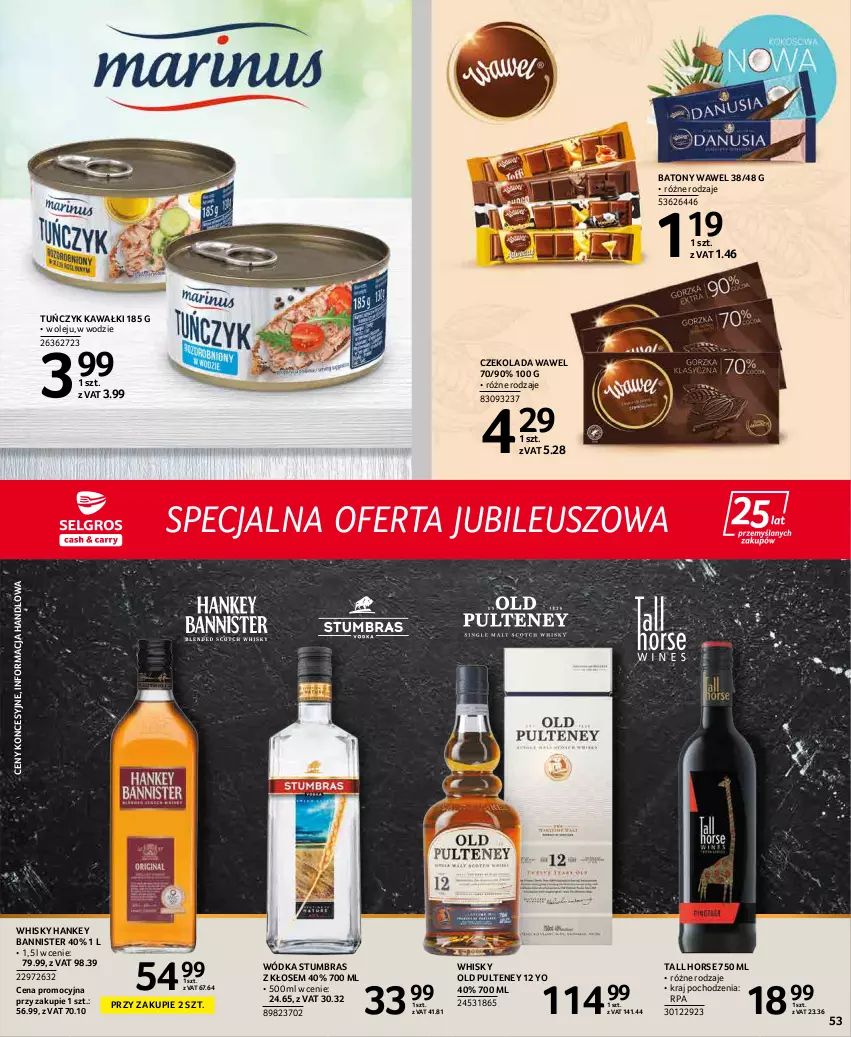 Gazetka promocyjna Selgros - Extra Oferta - ważna 01.04 do 30.04.2022 - strona 53 - produkty: Baton, Czekolada, Kawa, Olej, Tuńczyk, Wawel, Whisky, Wódka