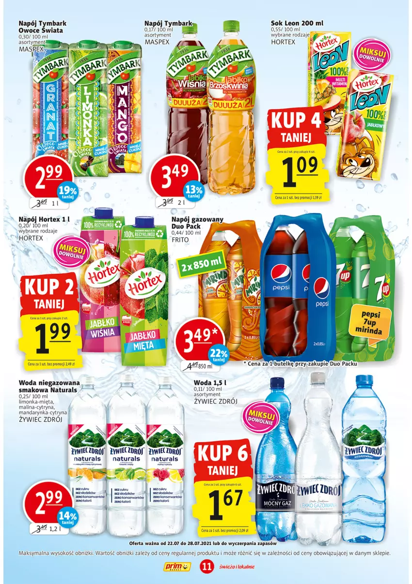 Gazetka promocyjna Prim Market - Gazetka - ważna 22.07 do 28.07.2021 - strona 11 - produkty: Hortex, Leon, Limonka, Mięta, Napój, Owoce, Por, Sok, Tymbark, Woda, Woda niegazowana