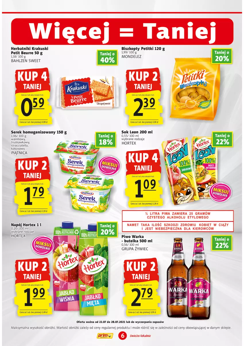 Gazetka promocyjna Prim Market - Gazetka - ważna 22.07 do 28.07.2021 - strona 6 - produkty: Biszkopty, Gra, Herbatniki, Hortex, Kokos, Krakus, Krakuski, Leon, Napój, Piątnica, Piec, Piwa, Piwo, Ser, Serek, Serek homogenizowany, Sok, Warka