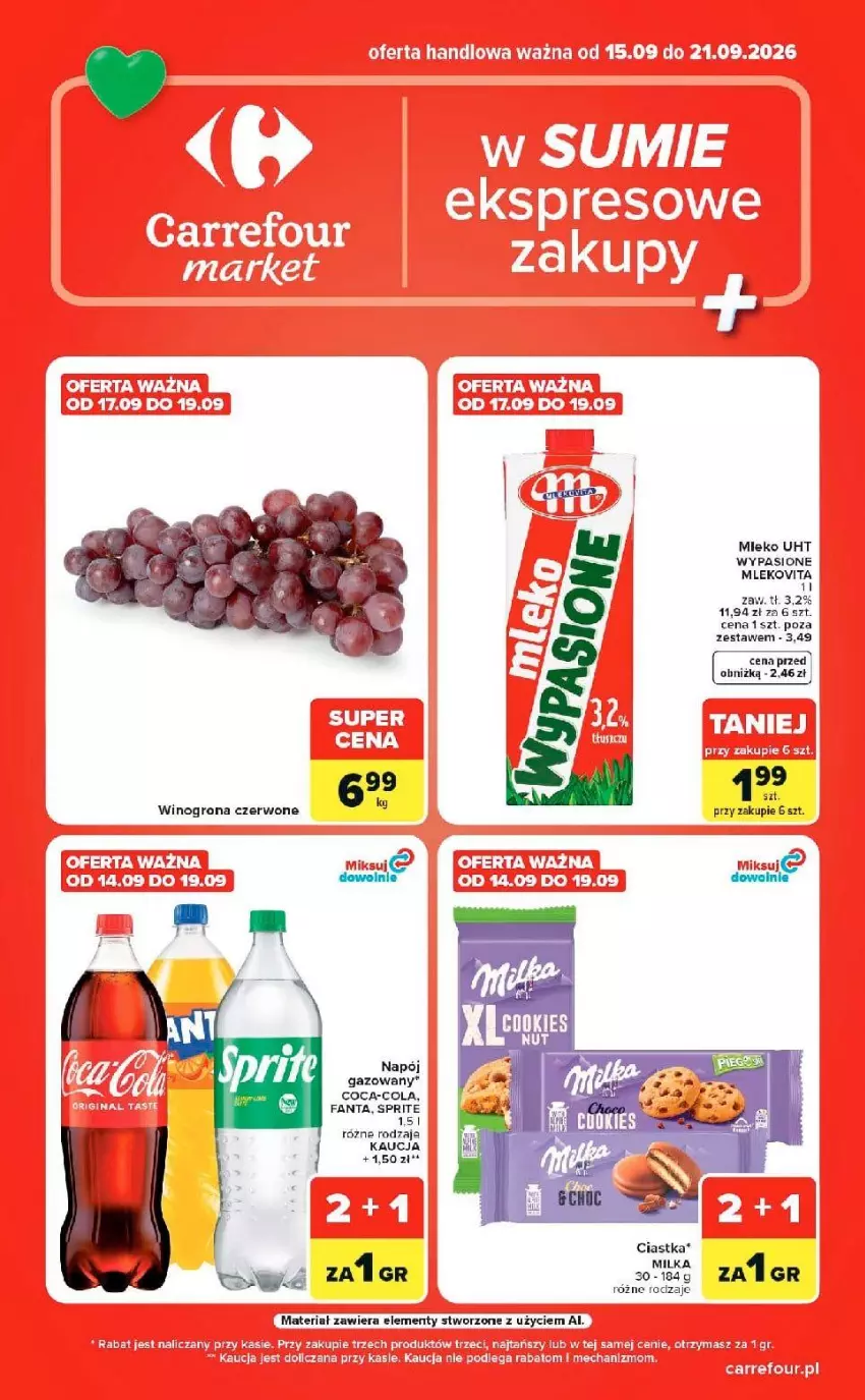 Gazetka promocyjna Carrefour - Gazetka Market w SUMIE ekspresowe zakupy - ważna 15.09 do 21.09.2026 - strona 1 - produkty: Ciastka, Cif, Coca-Cola, Dada, Fa, Fanta, Milka, Mleko, Mlekovita, Napój, Napój gazowany, Sprite