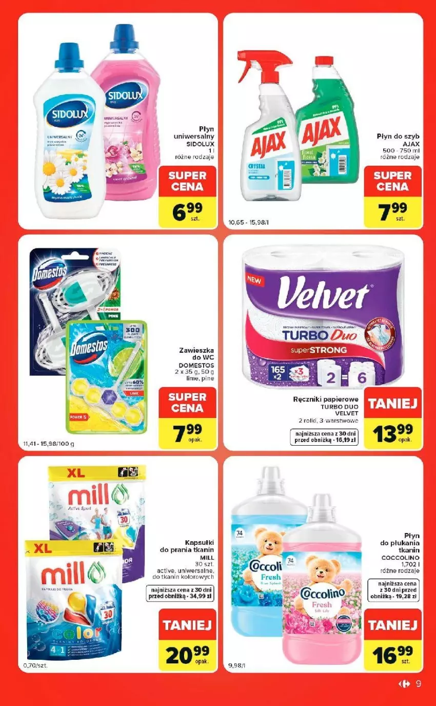 Gazetka promocyjna Carrefour - Gazetka Market w SUMIE ekspresowe zakupy - ważna 15.09 do 21.09.2026 - strona 9 - produkty: Ajax, Coccolino, Domestos, Fa, Kapsułki do prania, Papier, Płyn do szyb, Ręcznik, Ręczniki papierowe, Rolki, Sidolux, Top, Zawieszka do wc