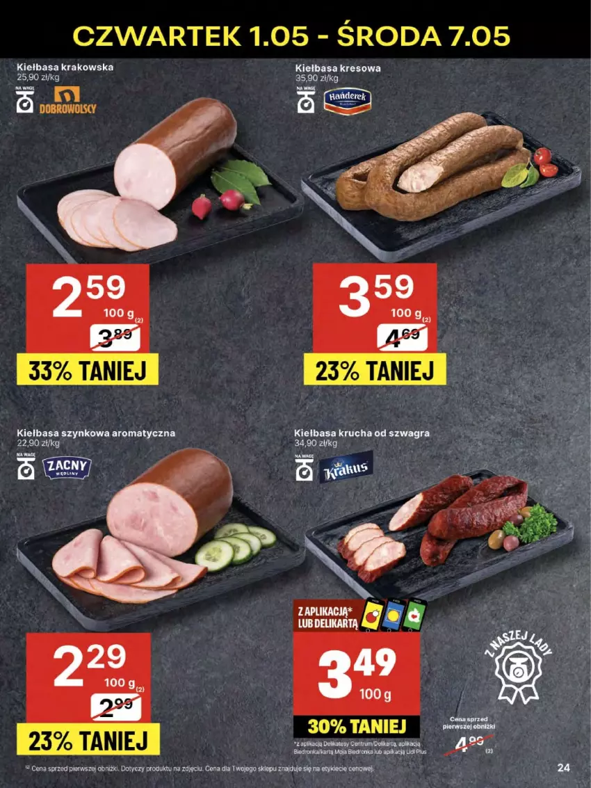 Gazetka promocyjna Delikatesy Centrum - Franczyza DC18 Czwartek - ważna 01.05 do 07.05.2025 - strona 24 - produkty: Gra, Kiełbasa, Kiełbasa krakowska, Kiełbasa krucha, Kiełbasa szynkowa
