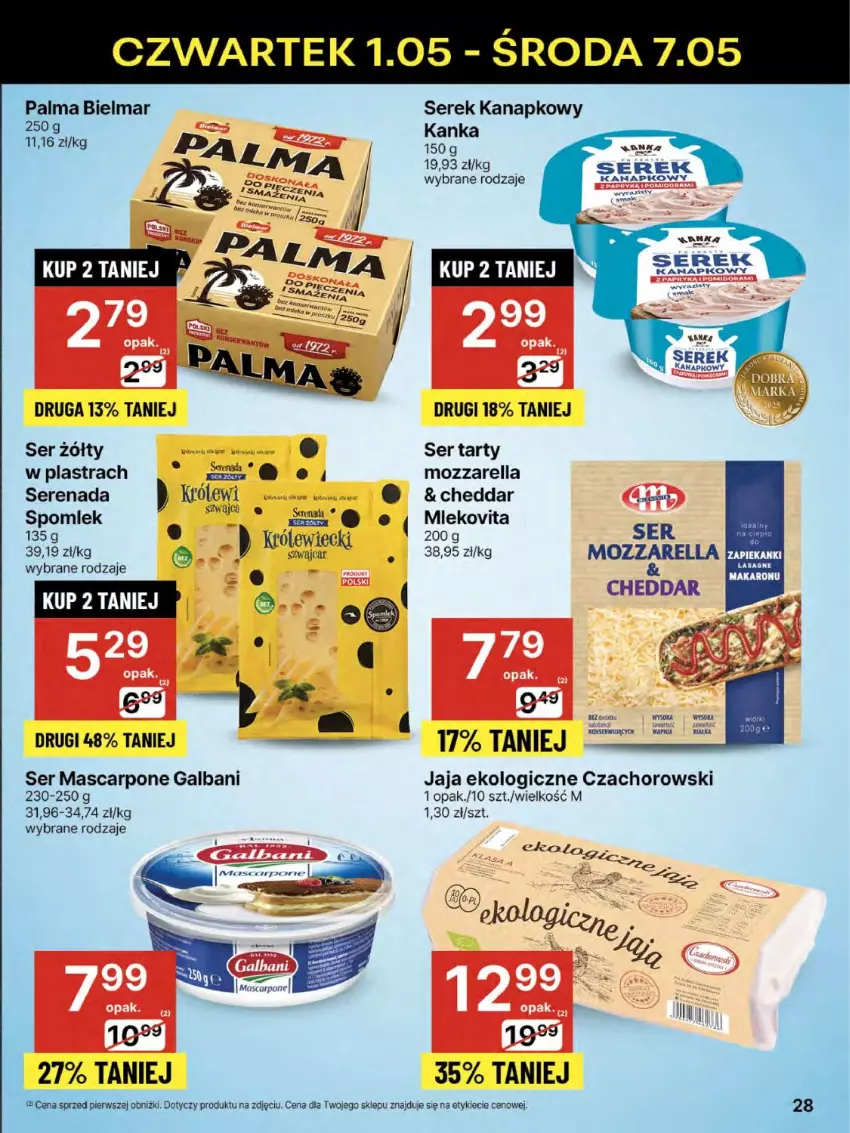 Gazetka promocyjna Delikatesy Centrum - Franczyza DC18 Czwartek - ważna 01.05 do 07.05.2025 - strona 28 - produkty: Cheddar, Galbani, Jaja, Mascarpone, Mozzarella, Palma, Ser, Serek, Serek kanapkowy