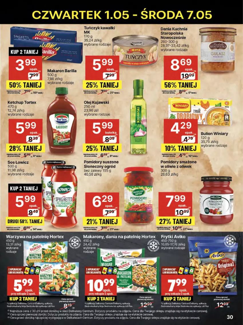 Gazetka promocyjna Delikatesy Centrum - Franczyza DC18 Czwartek - ważna 01.05 do 07.05.2025 - strona 30 - produkty: Barilla, Bulion, Frytki, Hortex, Kawa, Ketchup, Kuchnia, Kujawski, LG, Lion, Makaron, Ogród, Olej, Pomidory, Rum, Sos, Spaghetti, Suszone pomidory, Tuńczyk, Warzywa, Winiary