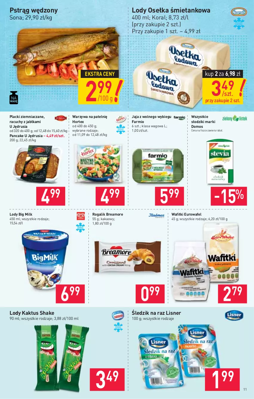 Gazetka promocyjna Stokrotka - Supermarket - ważna 05.08 do 11.08.2021 - strona 11 - produkty: Big Milk, Fa, Hortex, Jabłka, Jaja, Jaja z wolnego wybiegu, Kakao, Kaktus, Lack, Lisner, Lody, Pstrąg, Pstrąg wędzony, Rogal, Warzywa