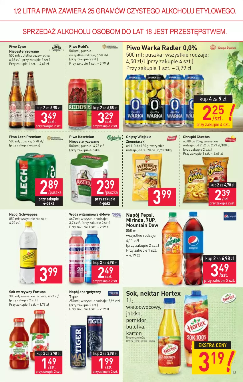 Gazetka promocyjna Stokrotka - Supermarket - ważna 05.08 do 11.08.2021 - strona 13 - produkty: 7up, Cheetos, Chipsy, Chrupki, Fortuna, Gra, Hortex, Kasztelan, Lech Premium, Mirinda, Napój, Napój energetyczny, Nektar, Pepsi, Piwa, Piwo, Radler, Schweppes, Sok, Tiger, Warka, Woda