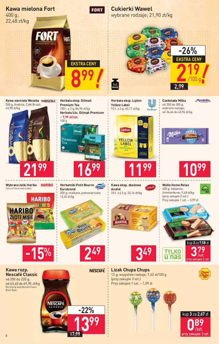 Gazetka promocyjna Stokrotka - Supermarket - ważna 05.08 do 11.08.2021 - strona 8 - produkty: BIC, Chupa Chups, Cukier, Cukierki, Czekolada, Dilmah, Haribo, Herbata, Herbatniki, Herbatniki Petit Beurre, Kakao, Kawa, Kawa mielona, Kawa ziarnista, Lack, Lipton, Milka, Nescafé, Wafle, Wawel, Woseba