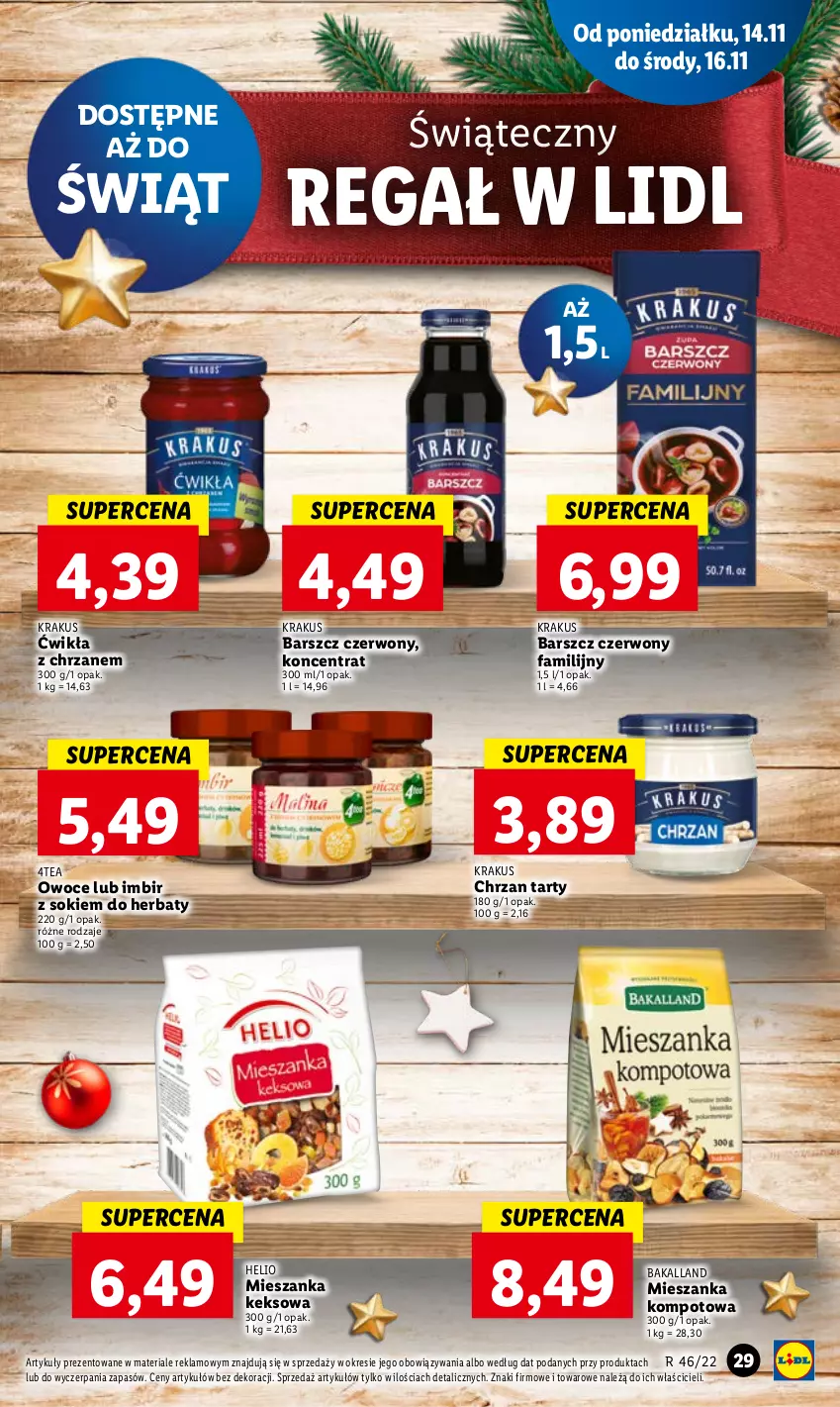 Gazetka promocyjna Lidl - GAZETKA - ważna 14.11 do 16.11.2022 - strona 39 - produkty: Bakalland, Chrzan, Fa, Helio, Imbir, Krakus, Mieszanka kompotowa, Owoce, Regał, Sok