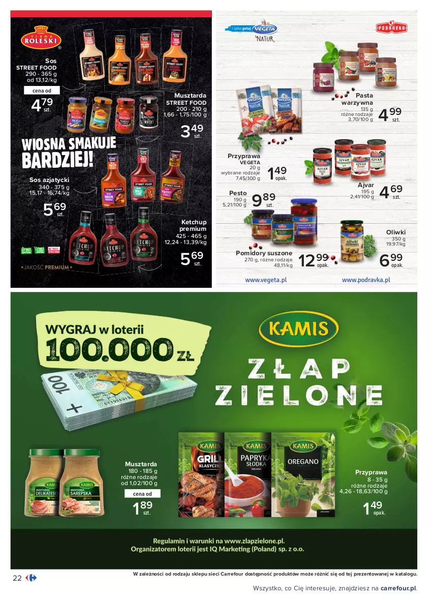 Gazetka promocyjna Carrefour - Gazetka Pyszny świat grilla - ważna 22.04 do 08.05.2021 - strona 22 - produkty: Ketchup, Mus, Musztarda, Oliwki, Pasta warzywna, Pesto, Pomidory, Sos, Vegeta