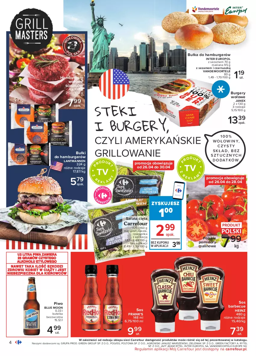 Gazetka promocyjna Carrefour - Gazetka Pyszny świat grilla - ważna 22.04 do 08.05.2021 - strona 4 - produkty: Bułka, Burger, Fa, Gra, Grill, Hamburger, Heinz, LANA, Piec, Piwa, Piwo, Pomidory, Roszponka, Rukola, Sałat, Sezam, Sok, Sokołów, Sos, Stek