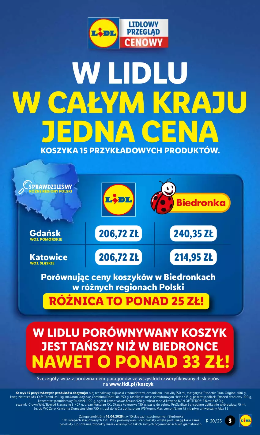 Gazetka promocyjna Lidl - GAZETKA - ważna 12.05 do 14.05.2025 - strona 3 - produkty: Ajax, Bazyl, Bonitki, Domestos, Fa, Flora, Gin, Gra, Heinz, Kawa, Kokos, Koncentrat pomidorowy, Kosz, Krakus, Kujawski, Makaron, Mleko, Mleko modyfikowane, NAN Optipro, Nestlé, Obrus, Ogórki konserwowe, Olej, Olej rzepakowy, Pasztet, Podlaski, Por, Pudliszki, Rama, Sensodyne, Ser, Sezam, Sos