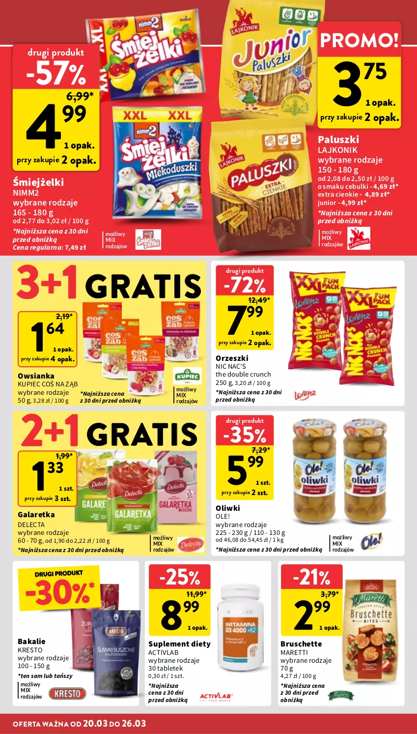 Gazetka promocyjna Intermarche - Gazetka promocyjna - ważna 20.03 do 26.03.2025 - strona 20 - produkty: Bruschette, Delecta, Gala, Galaretka, Gra, Kupiec, Lajkonik, Nimm2, Ole!, Oliwki, Orzeszki, Owsianka, Piec, Suplement diety, Tablet