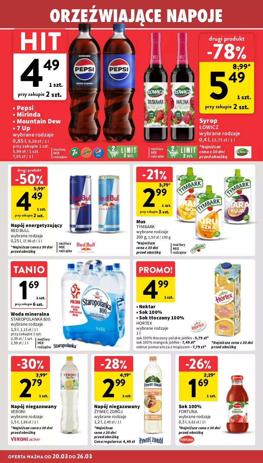 Gazetka promocyjna Intermarche - Gazetka promocyjna - ważna 20.03 do 26.03.2025 - strona 24 - produkty: Fortuna, Hortex, Mango, Mirinda, Mus, Napój, Napój niegazowany, Napoje, Nektar, Pepsi, Red Bull, Sok, Staropolanka, Syrop, Tymbark, Woda, Woda mineralna