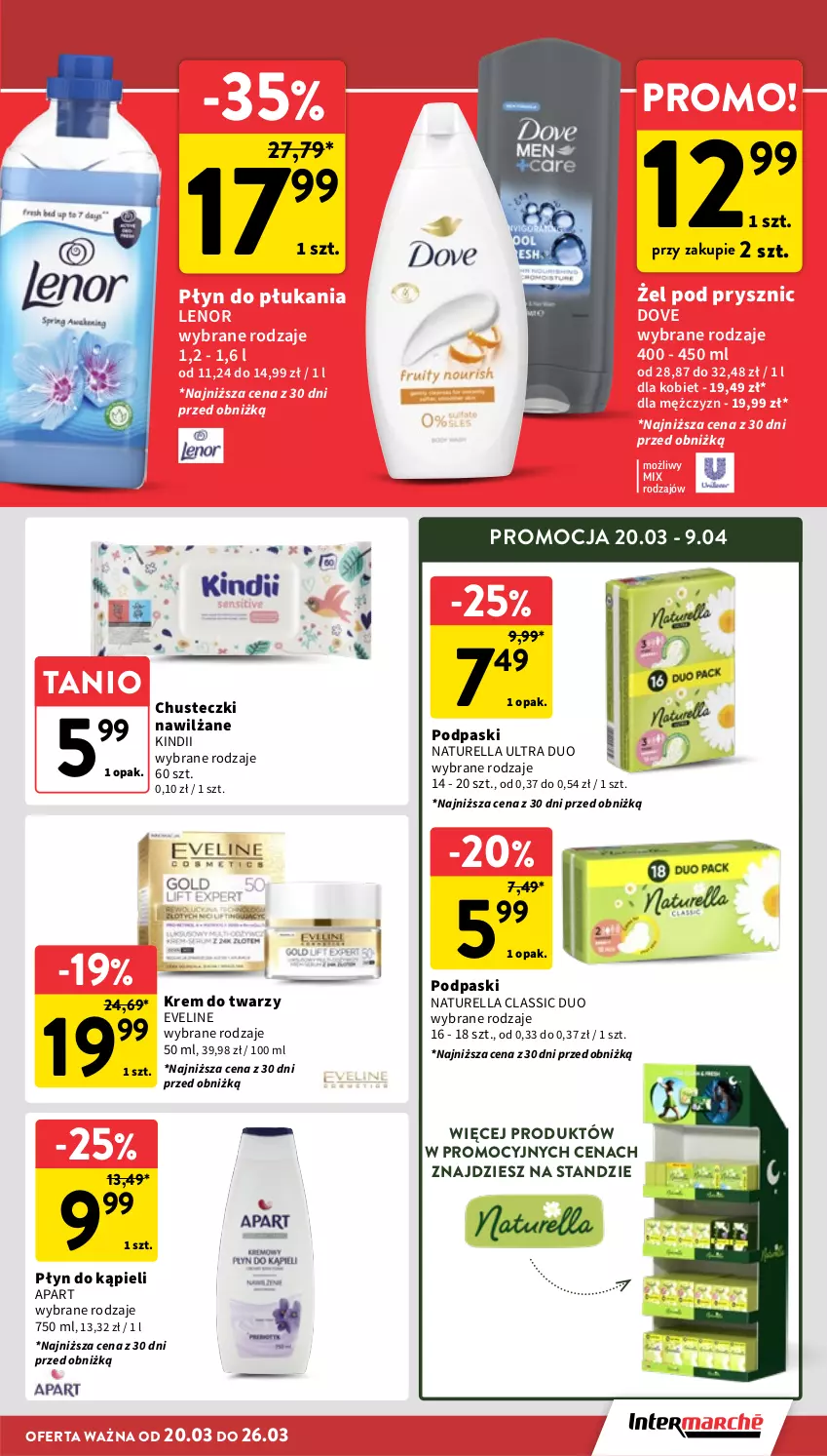 Gazetka promocyjna Intermarche - Gazetka promocyjna - ważna 20.03 do 26.03.2025 - strona 27 - produkty: Chusteczki, Dove, Eveline, Kindii, Krem do twarzy, Lenor, Naturell, Naturella, Płyn do kąpieli, Płyn do płukania, Podpaski