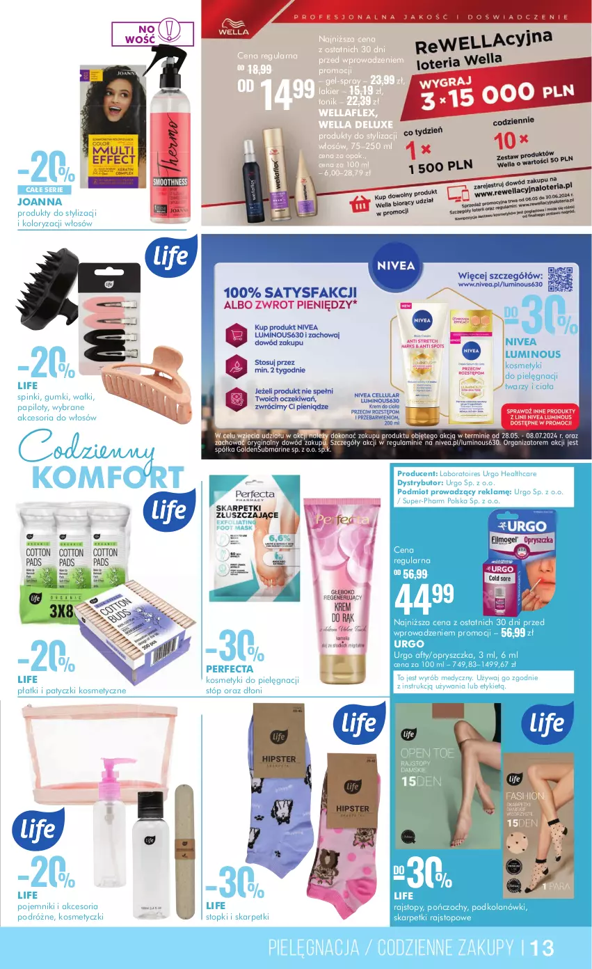 Gazetka promocyjna Super Pharm - ważna 29.05 do 12.06.2024 - strona 13 - produkty: Joanna, Karp, Kosmetyki do pielęgnacji, Lakier, Nivea, Patyczki kosmetyczne, Perfecta, Pojemnik, Pończochy, Rajstopy, Ser, Skarpetki, Tonik, Top, Urgo, Wella, Wellaflex