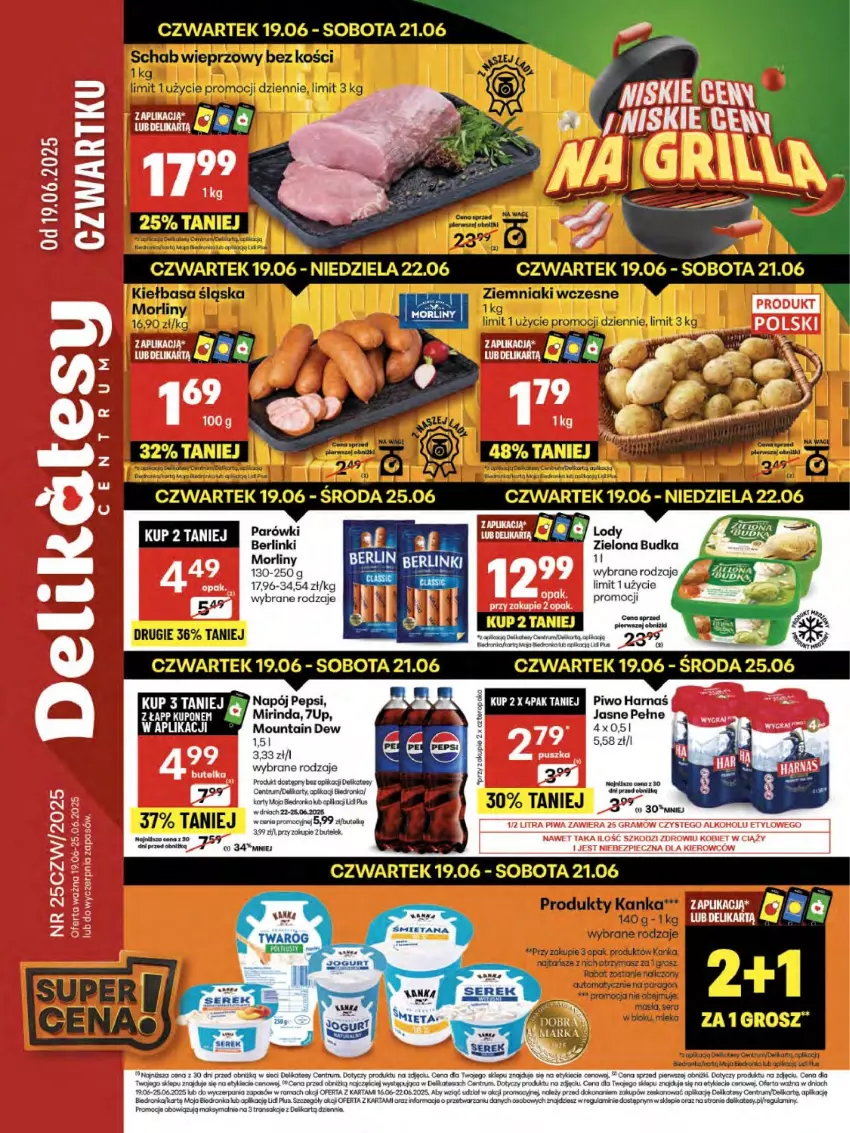 Gazetka promocyjna Delikatesy Centrum - Franczyza DC25 Czwartek - ważna 19.06 do 25.06.2025 - strona 1 - produkty: 7up, Berlinki, Harnaś, Koc, Lody, Mirinda, Morliny, Napój, Parówki, Pepsi, Piec, Piwo, Rama, Rum, Sok, Tran, Zielona Budka