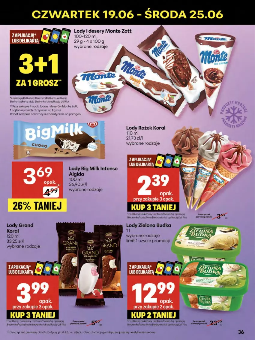 Gazetka promocyjna Delikatesy Centrum - Franczyza DC25 Czwartek - ważna 19.06 do 25.06.2025 - strona 36 - produkty: Algida, Big Milk, Deser, Gra, Koc, LG, Lody, Monte, Orka, Rum, Ser, Zielona Budka, Zott