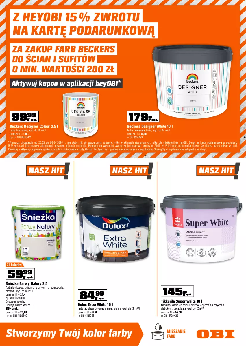 Gazetka promocyjna Obi - Gazetka OBI - ważna 25.03 do 06.04.2026 - strona 13 - produkty: Beckers, Designer Colour, Dulux, Emulsja, Fa, Farba akrylowa, Farba lateksowa, Mięta, Por, Sok