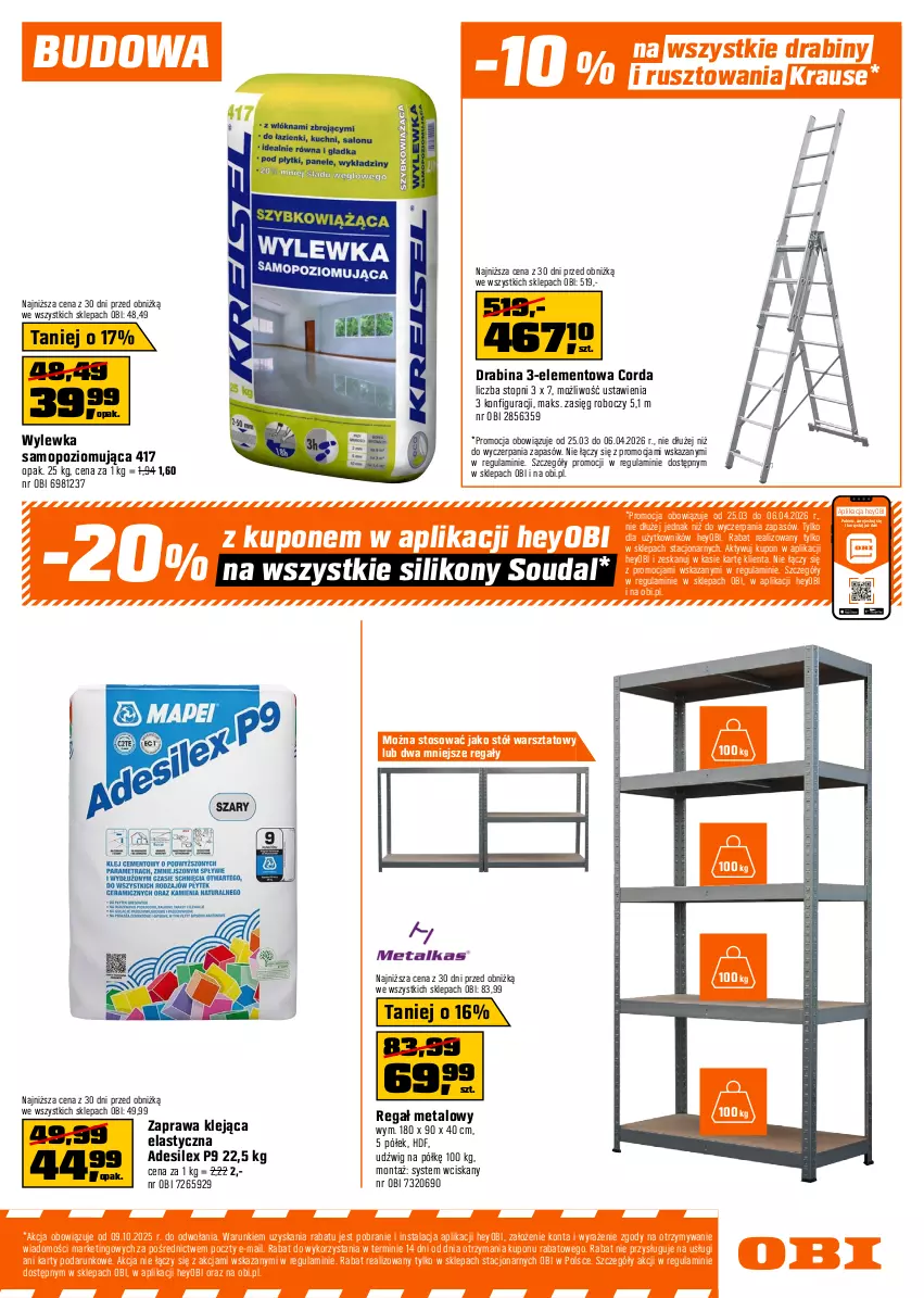 Gazetka promocyjna Obi - Gazetka OBI - ważna 25.03 do 06.04.2026 - strona 15 - produkty: Drabina, Dźwig, Klej, Mop, Regał, Regał metalowy, Stół, Stół warsztatowy, Top, Wylewka samopoziomująca