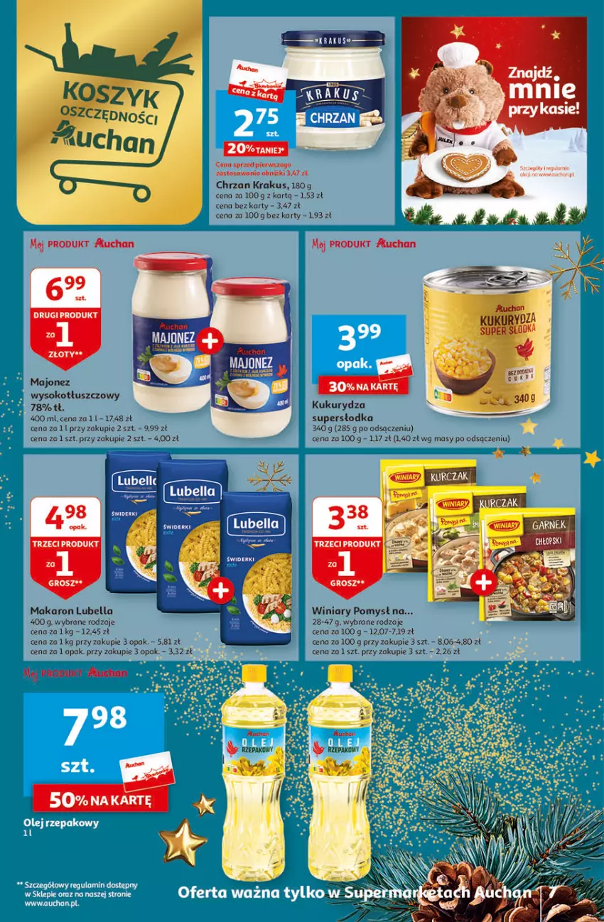 Gazetka promocyjna Auchan - Gazetka Magia Świąt Część 4 Supermarket Auchan - ważna 07.12 do 13.12.2023 - strona 7 - produkty: Bell, Bella, Chrzan, Garnek, Krakus, Kukurydza, Lubella, Majonez, Makaron, Sok, Winiary