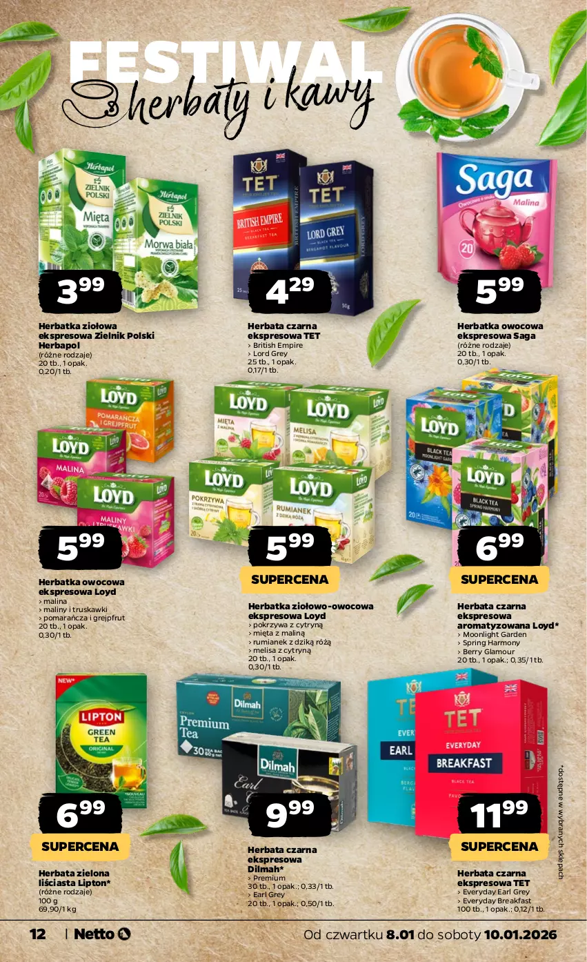 Gazetka promocyjna Netto - Od Czwartku - ważna 08.01 do 10.01.2026 - strona 12 - produkty: Brit, Dilmah, Earl Grey, Fa, Grejpfrut, Herbapol, Herbata, Herbata czarna, Lipton, Loyd, Maliny, Mięta, Rum, Saga, Truskawki