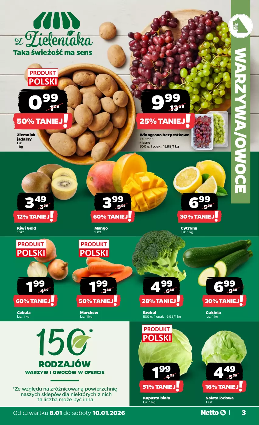 Gazetka promocyjna Netto - Od Czwartku - ważna 08.01 do 10.01.2026 - strona 3 - produkty: Cebula, Kiwi, Mango, Owoce, Sałat, Sałata lodowa, Warzywa, Wino