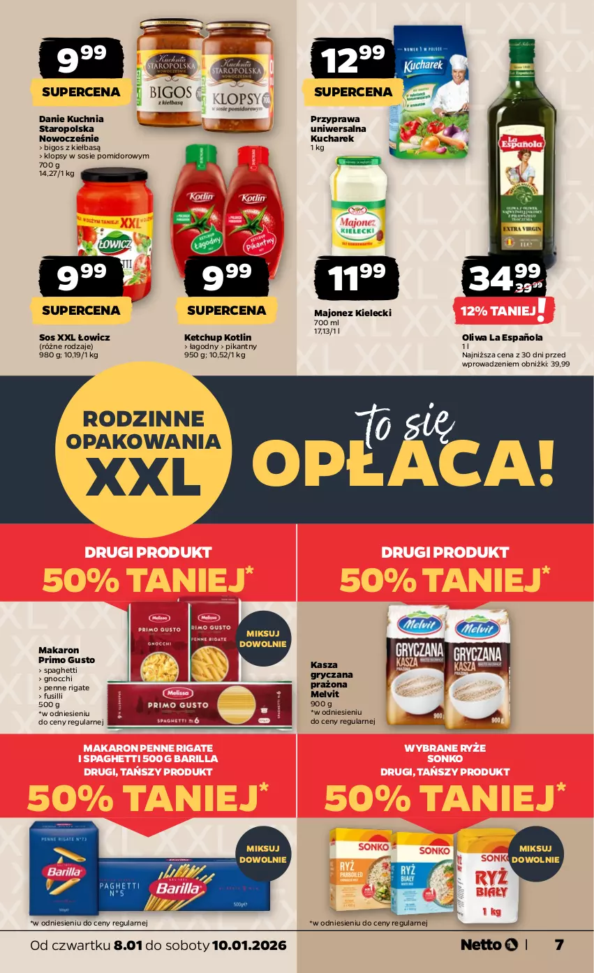 Gazetka promocyjna Netto - Od Czwartku - ważna 08.01 do 10.01.2026 - strona 7 - produkty: Barilla, Bigos, Gnocchi, Gry, Kasza, Kasza gryczana, Ketchup, Kotlin, Kucharek, Kuchnia, Kuchnia Staropolska, Majonez, Makaron, Melvit, Oliwa, Penne, Przyprawa uniwersalna, Ryż, Sonko, Sos, Spaghetti