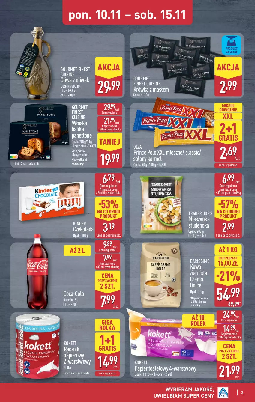 Gazetka promocyjna Aldi - Oferta weekendowa - ważna 13.11 do 15.11.2025 - strona 3 - produkty: Babka, Coca-Cola, Czekolada, Gin, Gra, Kawa, Kawa ziarnista, Kinder, Mieszanka studencka, Oliwa, Oliwa z oliwek, Papier, Papier toaletowy, Prince Polo, Ręcznik