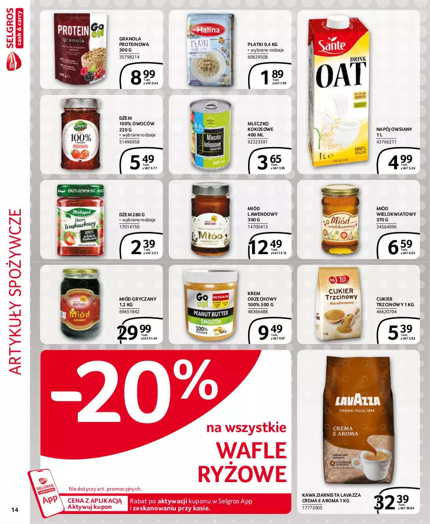 Gazetka promocyjna Selgros - Extra Oferta - ważna 01.02 do 28.02.2021 - strona 14 - produkty: Artykuły spożywcze, Cukier, Cukier trzcinowy, Dżem, Gra, Granola, Gry, Kawa, Kawa ziarnista, Kokos, Krem orzechowy, Lavazza, LG, Miód, Mleczko, Napój, Ryż, Wafle