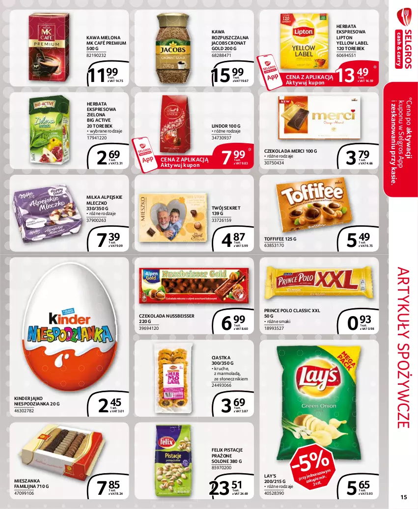 Gazetka promocyjna Selgros - Extra Oferta - ważna 01.02 do 28.02.2021 - strona 15 - produkty: Artykuły spożywcze, Ciastka, Czekolada, Fa, Felix, Herbata, Jacobs, Kawa, Kawa mielona, Kawa rozpuszczalna, Kinder, Kret, Lay’s, LG, Lindor, Lipton, Merci, Milka, Mleczko, Mola, Pistacje, Prince Polo, Ser, Toffifee