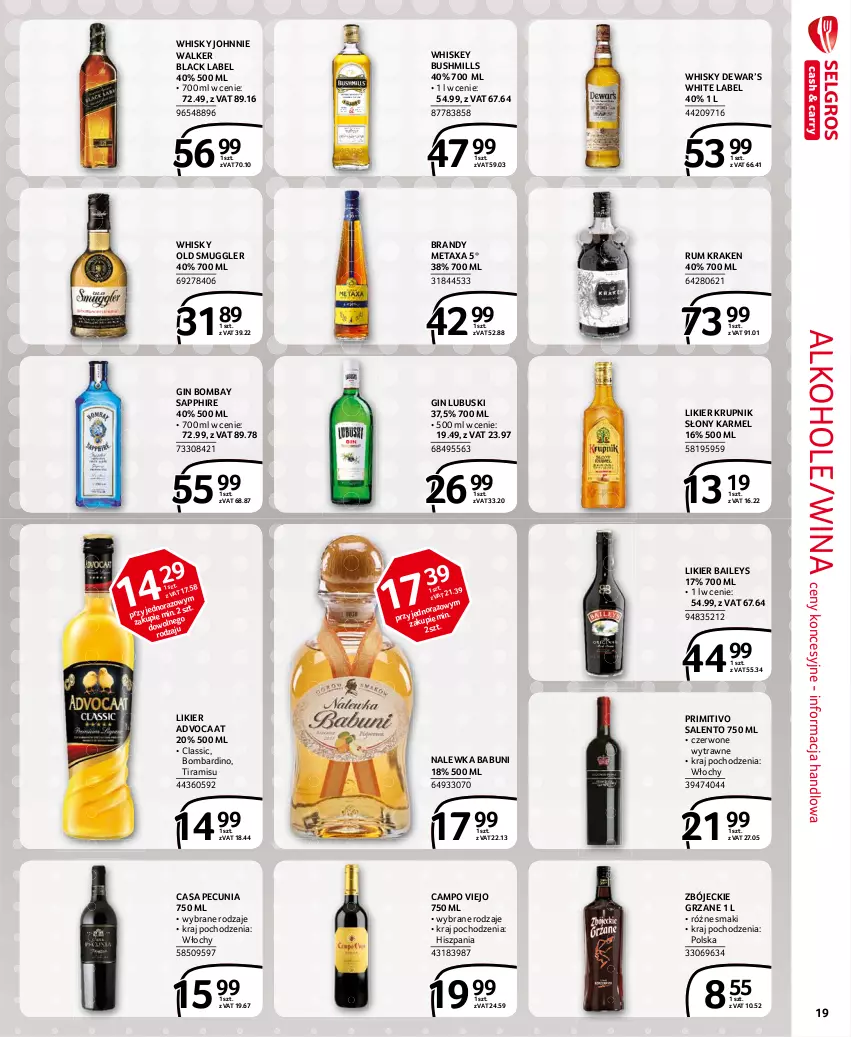 Gazetka promocyjna Selgros - Extra Oferta - ważna 01.02 do 28.02.2021 - strona 19 - produkty: Advocaat, Alkohole, Babuni, Brandy, Bushmills, Gin, Johnnie Walker, Krupnik, Lack, Likier, Metaxa, Rum, Whiskey, Whisky