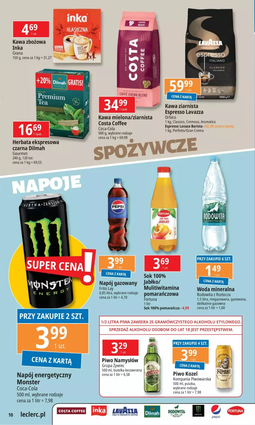 Gazetka promocyjna E Leclerc - ważna 23.09 do 30.09.2024 - strona 9 - produkty: BIC, Coca-Cola, Dilmah, Fortuna, Gra, Herbata, Inka, Kawa, Kawa mielona, Kawa zbożowa, Kawa ziarnista, Kozel, Lavazza, Namysłów, Napój, Napój energetyczny, Napój gazowany, Piwa, Piwo, Sok, Woda, Woda mineralna