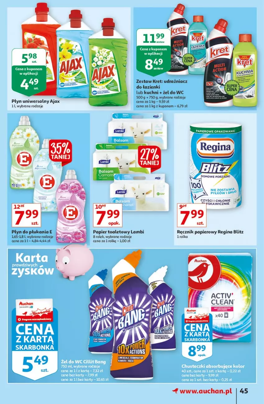 Gazetka promocyjna Auchan - Rysuje się kolorowy powrót do szkoły Hipermarkety - ważna 05.08 do 11.08.2021 - strona 45 - produkty: Ajax, Gin, Kret, Papier, Papier toaletowy, Płyn do płukania, Ręcznik