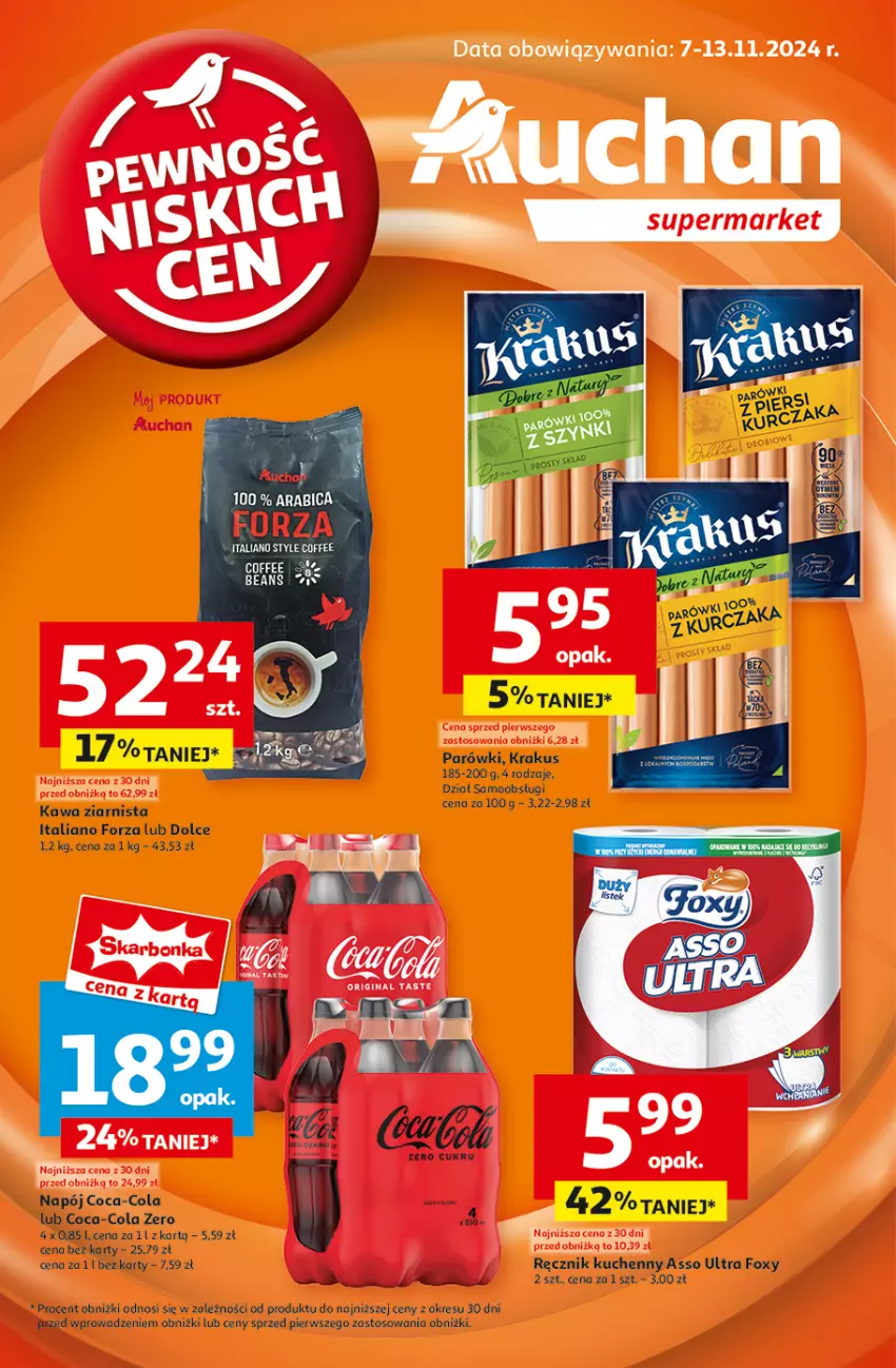 Gazetka promocyjna Auchan - Pewność Niskich Cen Supermarket - ważna 07.11 do 13.11.2024 - strona 1 - produkty: Coca-Cola, Foxy, Kawa, Kawa ziarnista, Napój, Parówki