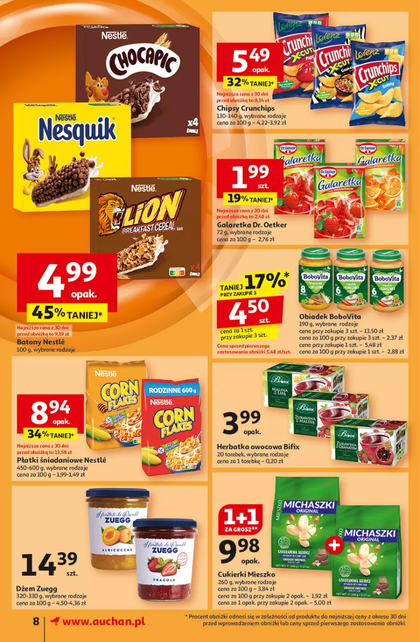 Gazetka promocyjna Auchan - Pewność Niskich Cen Supermarket - ważna 07.11 do 13.11.2024 - strona 10 - produkty: Baton, BIC, BoboVita, Chipsy, Crunchips, Cukier, Cukierki, Danio, Dr. Oetker, Gala, Galaretka, Gin, Wafle