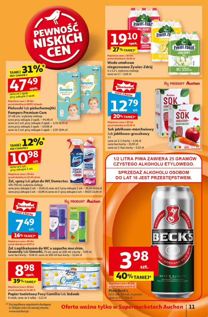 Gazetka promocyjna Auchan - Pewność Niskich Cen Supermarket - ważna 07.11 do 13.11.2024 - strona 13 - produkty: Domestos, Foxy, Majtki, Pampers, Papier, Papier toaletowy, Pieluchomajtki, Piwo, Płyn do wc, Sok, Woda