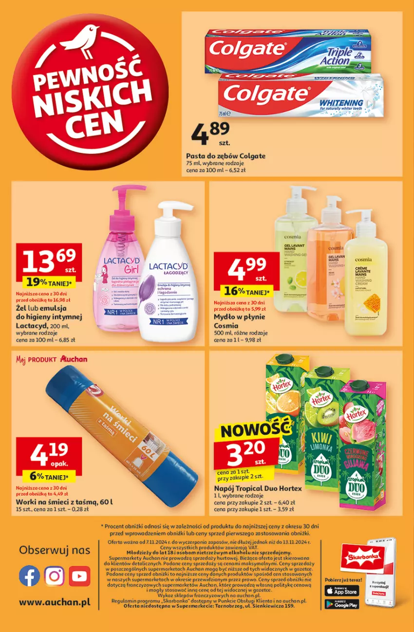 Gazetka promocyjna Auchan - Pewność Niskich Cen Supermarket - ważna 07.11 do 13.11.2024 - strona 14 - produkty: Colgate, Emulsja, Gra, Hortex, Lactacyd, LEGO, LG, Mydło, Mydło w płynie, Napój, Pasta do zębów, Tera, Tropical, Worki na śmiec, Worki na śmieci