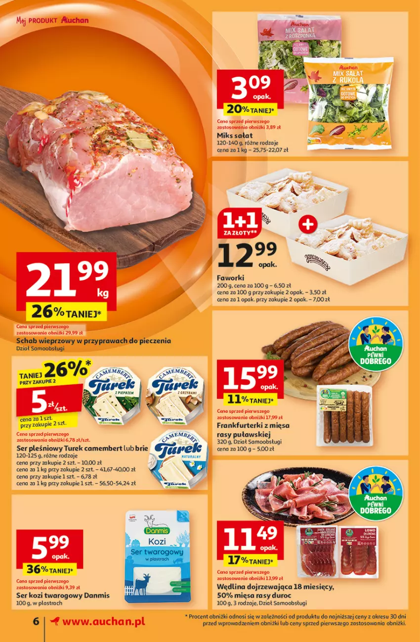 Gazetka promocyjna Auchan - Pewność Niskich Cen Supermarket - ważna 07.11 do 13.11.2024 - strona 8 - produkty: Brie, Camembert, Fa, Faworki, Frankfurterki, Piec, Sałat, Schab wieprzowy, Ser, Ser kozi, Ser pleśniowy, Wędlina