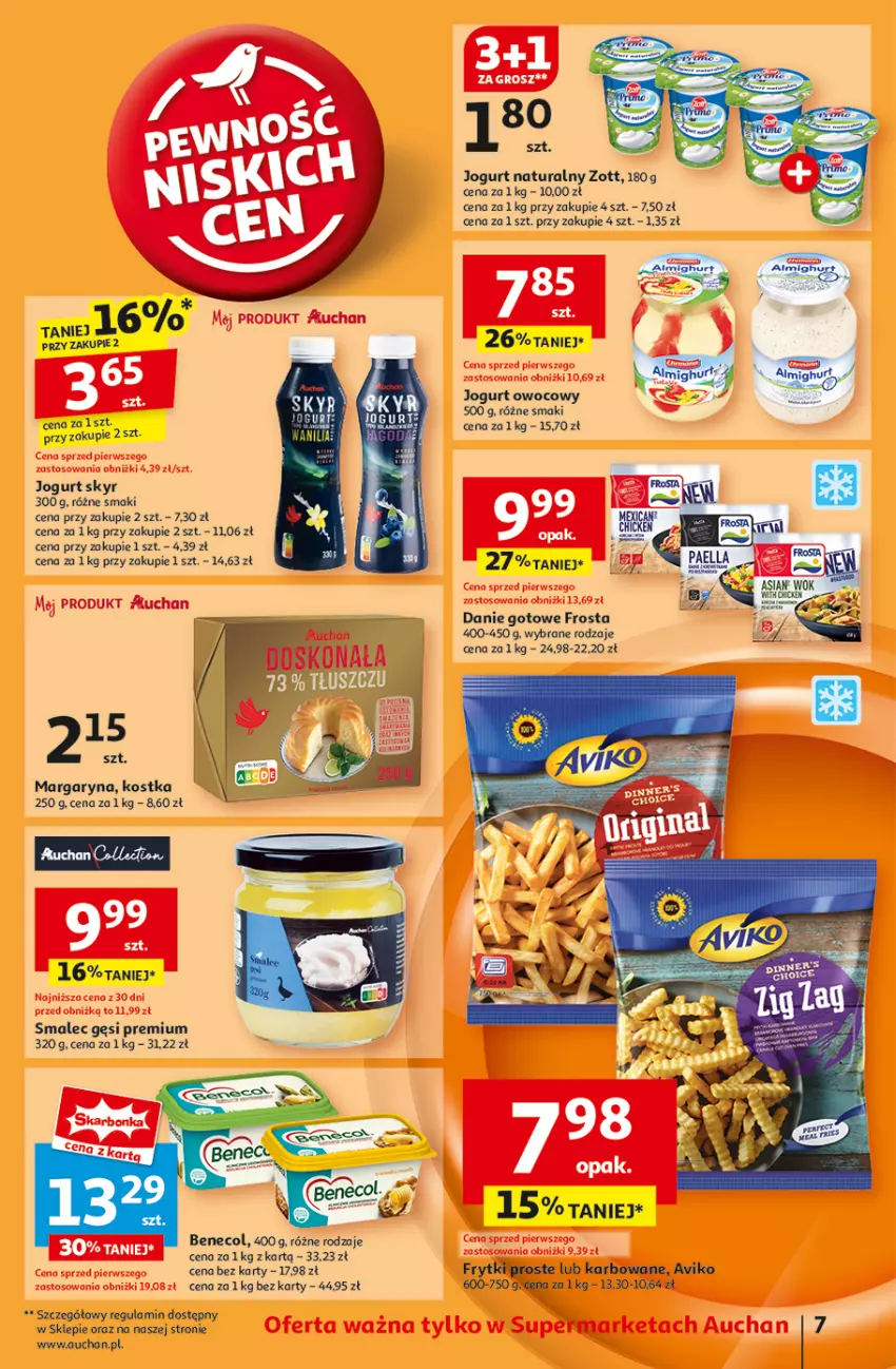 Gazetka promocyjna Auchan - Pewność Niskich Cen Supermarket - ważna 07.11 do 13.11.2024 - strona 9 - produkty: Benecol, Danie gotowe, Frosta, Frytki, Jogurt, Jogurt naturalny, Jogurt owocowy, Margaryna, Smalec, Zott